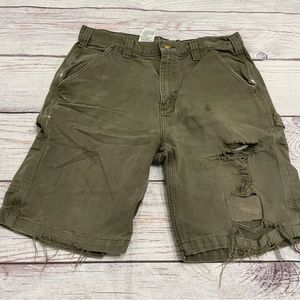 Carhartt Olive Green Canvas Work Relaxed Fit Shorts Distressed Size 34